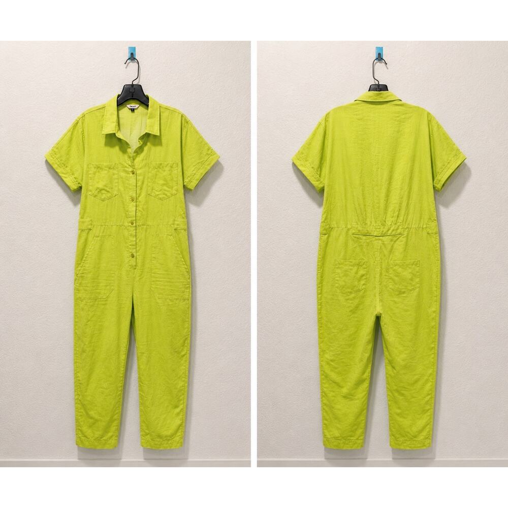 THE KIT Neon Lime Utility Jumpsuit Cotton Coverall Small